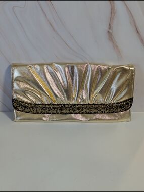 Gold Metallic Clutch with Black Sparkle Accent